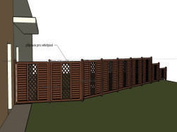 Původní grafický návrh i s rozměry, který byl upraven a plotové zástěny s mříží na terase byly vyměněny za plné.