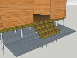 Protože díky svažitému terénu bude podlaha chaty u vstupu cca 80 cm nad zemí, musel být vyřešen i vstup do chaty.  Vyrobíme a dodáme tři dřevěné schody dle přiloženého nákresu.