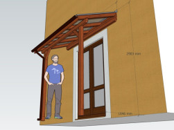 Grafický návrh - pohled odspodu, kde jsou zakreslena ráhna pergoly pod polykarbonátem a široká pozednice na stěně domu.