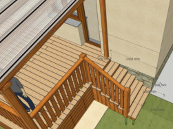 Vstup ze zahrady na terasu bude po  dřevěných schodech s jednostranným zábradlím.