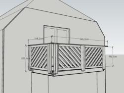 Grafický návrh nového zábradlí pro větší balkon s rozměry pro výrobu