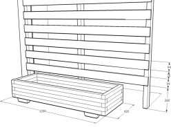 Grafický detail zástěny a dřevěného truhlíku i s rozměry pro výrobu