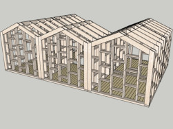 Grafický návrh na sestavení  dřevěné konstrukce pěti stánků