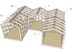 Grafický návrh na dřevěnou konstrukce pěti stánků vymezující prostor  pro  výstavu výrobků nebo jejich prodej