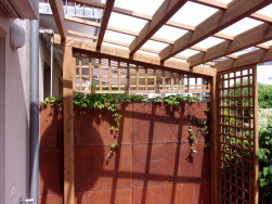 Detailn&iacute; pohled zespodu na pergolu bez zastře&scaron;en&iacute; s ozdobnou mř&iacute;ž&iacute; Eva.