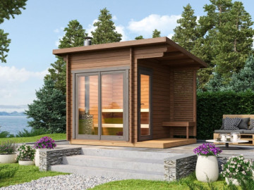 Dřevěná sauna s prosklenou stěnou a pultovou střechou